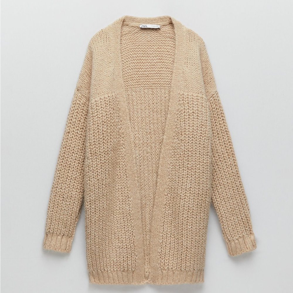 Zara oversized open front cable knit cardigan sweater, color ecru, size small